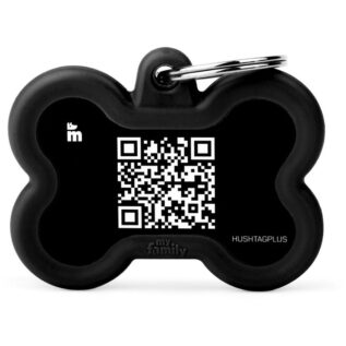 MyFamily Hushtag Plus QR Code Bone Pet ID Tag With Rubber - Small/Black