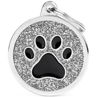 MyFamily Shine Glitter Circle Black Paw Big Pet ID Tag - Grey