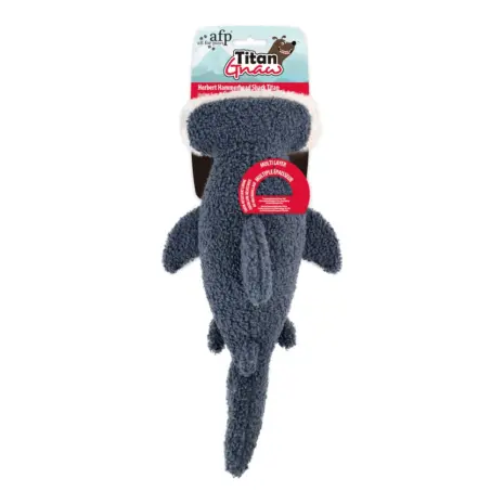 All For Paws Titan Gnaw Herbert Hammerhead Shark Dog Toy — retail tag and multilayer construction detail All For Paws Titan Gnaw Herbert Hammerhead Shark Dog Toy — retail tag and multilayer construction detail