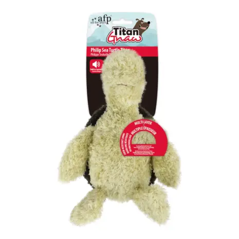 All For Paws Titan Gnaw Philip Sea Turtle Dog Toy — retail tag and multilayer construction detail All For Paws Titan Gnaw Philip Sea Turtle Dog Toy — retail tag and multilayer construction detail