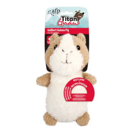 All For Paws Titan Gnaw Guilbert Guinea Pig Dog Toy — retail tag and multilayer construction detail All For Paws Titan Gnaw Guilbert Guinea Pig Dog Toy — retail tag and multilayer construction detail