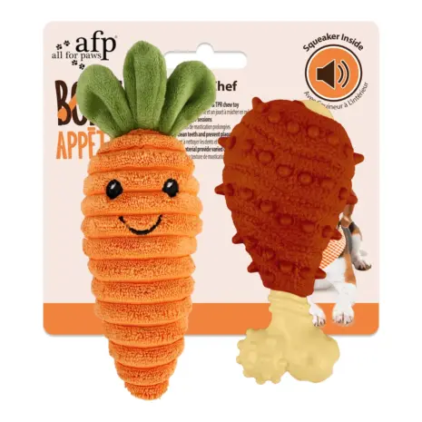 All For Paws Bone Appetit Chicken Leg & Carrot Toy Duo — retail packaging All For Paws Bone Appetit Chicken Leg & Carrot Toy Duo — retail packaging