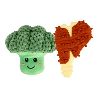 All For Paws Bone Appetit T-Bone & Broccoli Toy Duo — both toys included