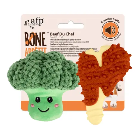 All For Paws Bone Appetit T-Bone & Broccoli Toy Duo — retail packaging All For Paws Bone Appetit T-Bone & Broccoli Toy Duo — retail packaging