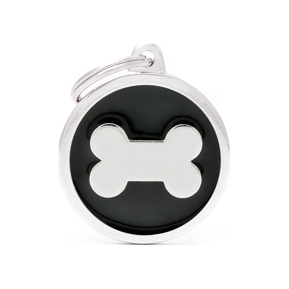 MyFamily Classic Black Circle Pet ID Tag — Bone or Paw 1 MyFamily black circular pet ID tag with silver-coloured bone design