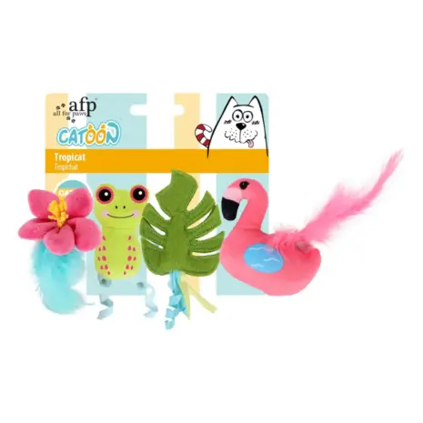 All For Paws Catoon Tropicat Cat Toys — 4 Pack — complete four-toy pack All For Paws Catoon Tropicat Cat Toys — 4 Pack — complete four-toy pack