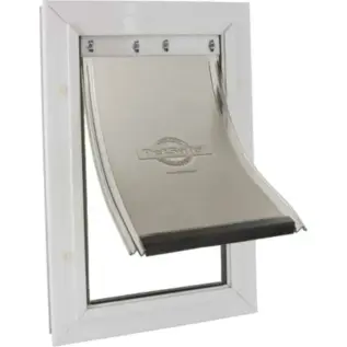 Staywell Small White Aluminium Pet Door - white aluminium pet door with flexible flap raised