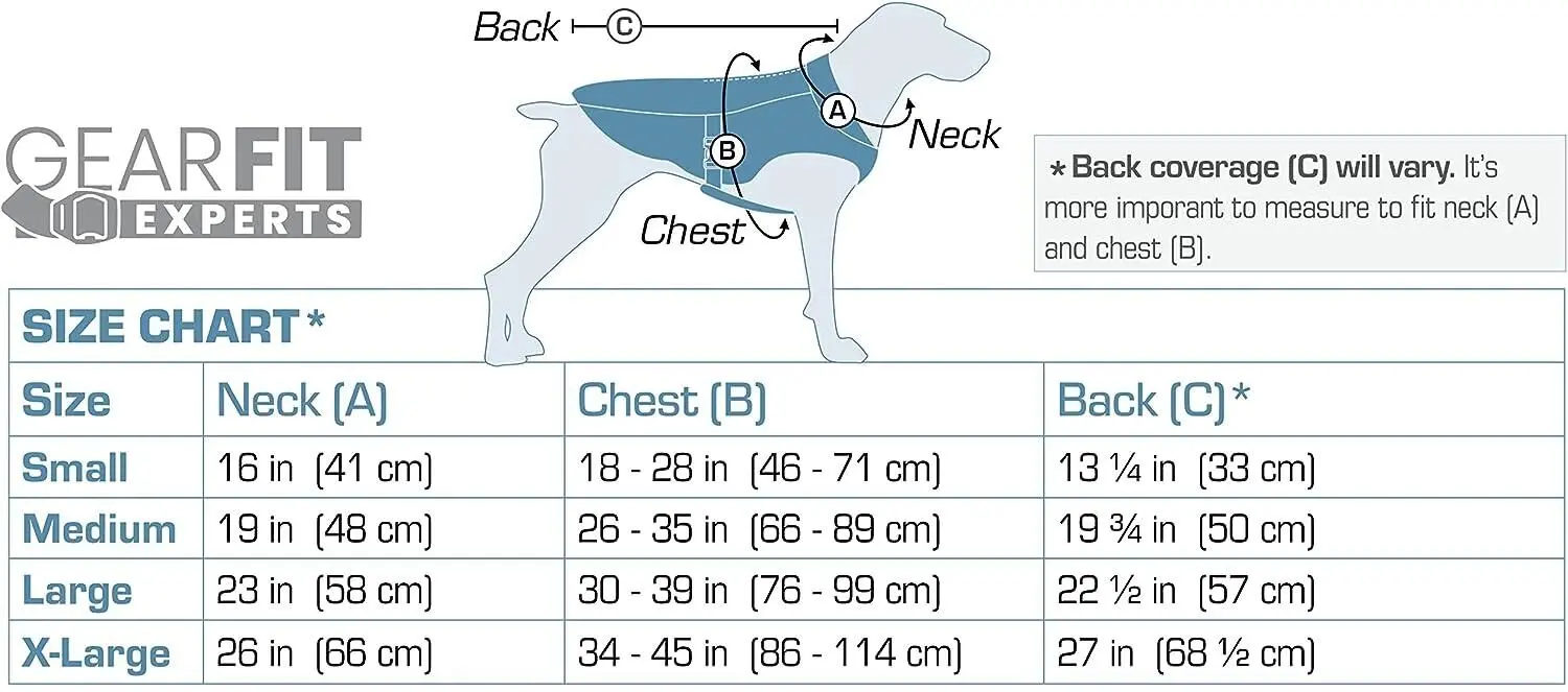 Kurgo XL Core Cooling Vest 1 Kurgo Core Cooling Vest - size chart showing neck, chest and back measurements