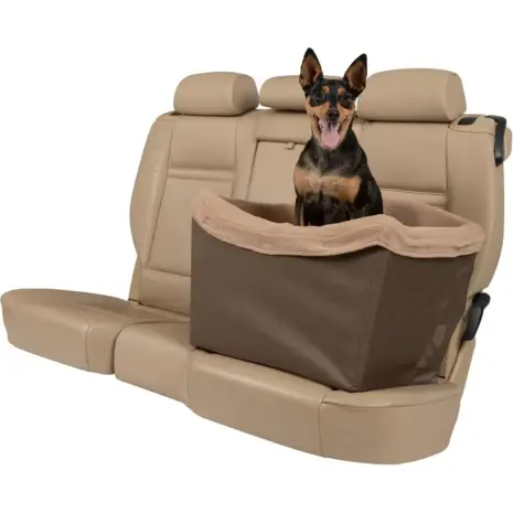 PetSafe Happy Ride Dog Safety Seat - dog in the booster seat on a rear car seat PetSafe Happy Ride Dog Safety Seat - dog in the booster seat on a rear car seat