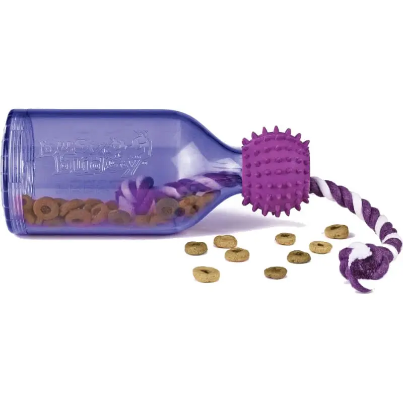 Pet Door Replacement Flaps 70 Busy Buddy Small Tug-a-Jug Dog Toy - purple bottle-shaped toy with knotted rope and treats beside it