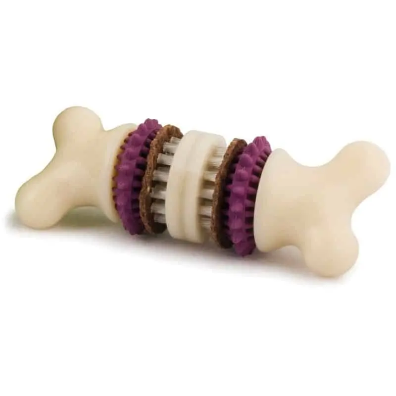 Pet Door Replacement Flaps 57 Busy Buddy Medium Bristle Bone Dog Toy - cream bone shaped dog toy with purple rings and central bristles
