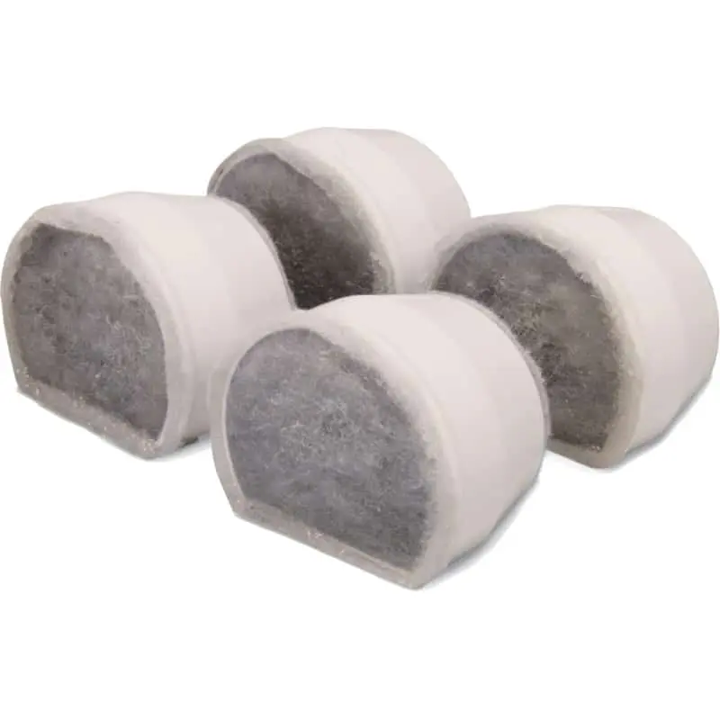 Drinkwell 4-Pack Ceramic Fountains Replacement Charcoal Filters - four white cylindrical replacement filters arranged together